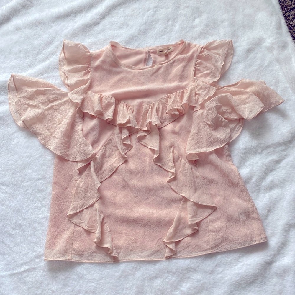 Rebecca Taylor pink cold shoulder ruffle top